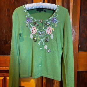 BCBG Max Azria Green Cardigan with Sequin Flowers Size Medium